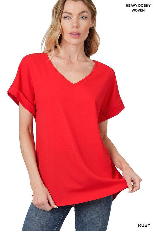 WOVEN HEAVY DOBBY ROLLED SLEEVE V-NECK TOP