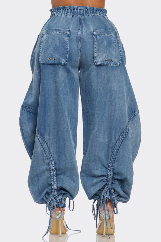 Urban Chic Drawstring Denim Cargo Pants (Happy Size)