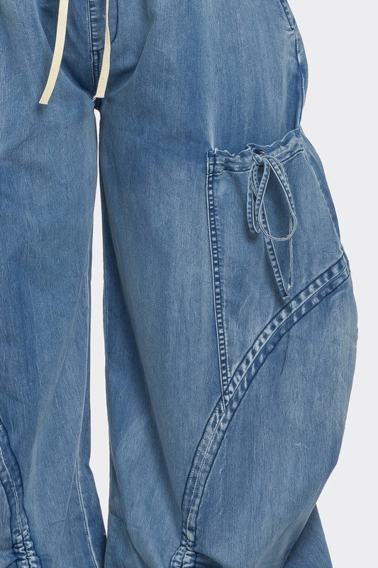 Urban Chic Drawstring Denim Cargo Pants (Happy Size)