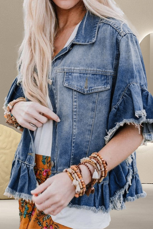 Frayed denim top that can be worn as outwear or denim jacket. Jean