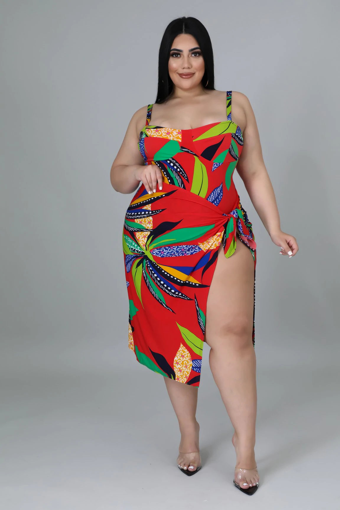 One piece swimsuit with a tie closure wrap. plus size one piece