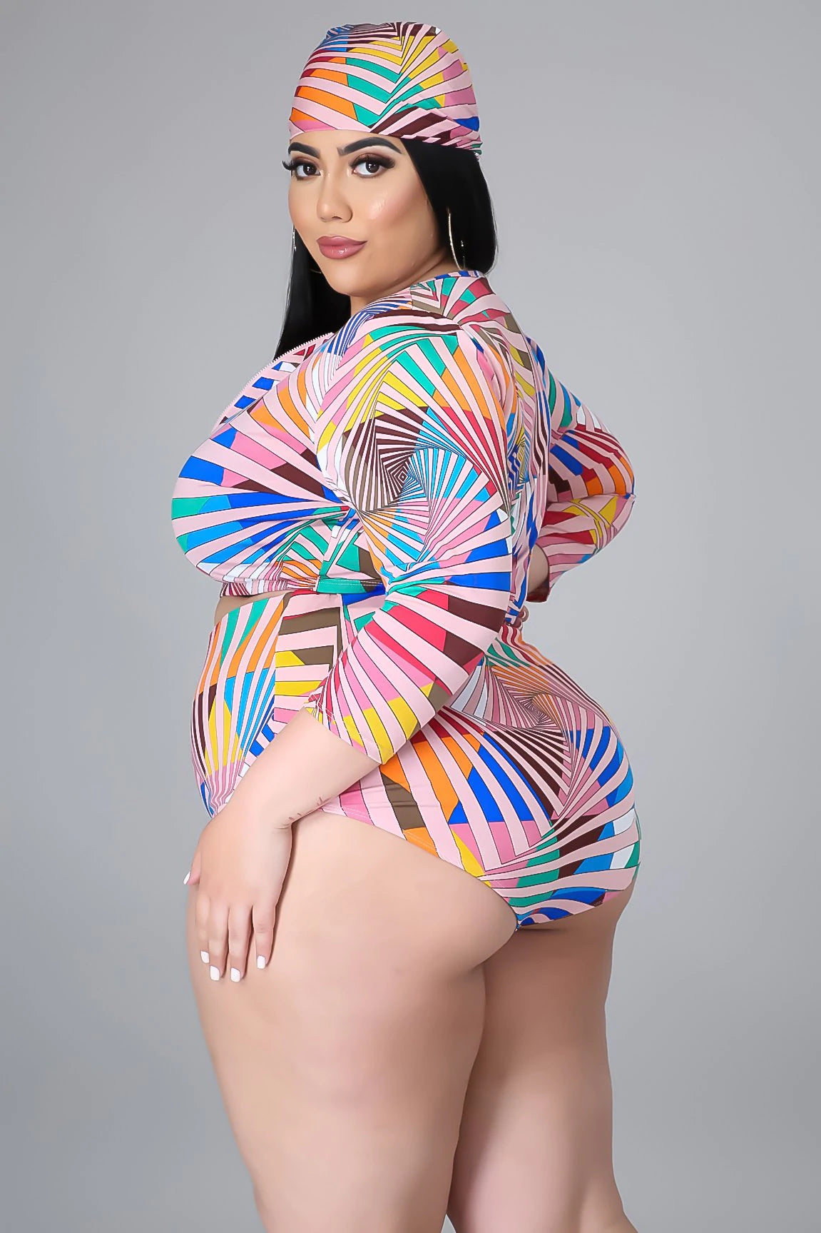 Introducing our Plus Size 3-Piece Set, designed to flatter and celebrate your curves. This set includes a zipper open long sleeve top, a triangle cut scarf, and V-cut bottoms, all crafted with your comfort and style in mind. Made with 95% polyester and 5% spandex, this set provides a comfortable and flexible fit. Hand wash for easy maintenance. Embrace your unique beauty and enhance your wardrobe with this fashionable and inclusive plus size set.