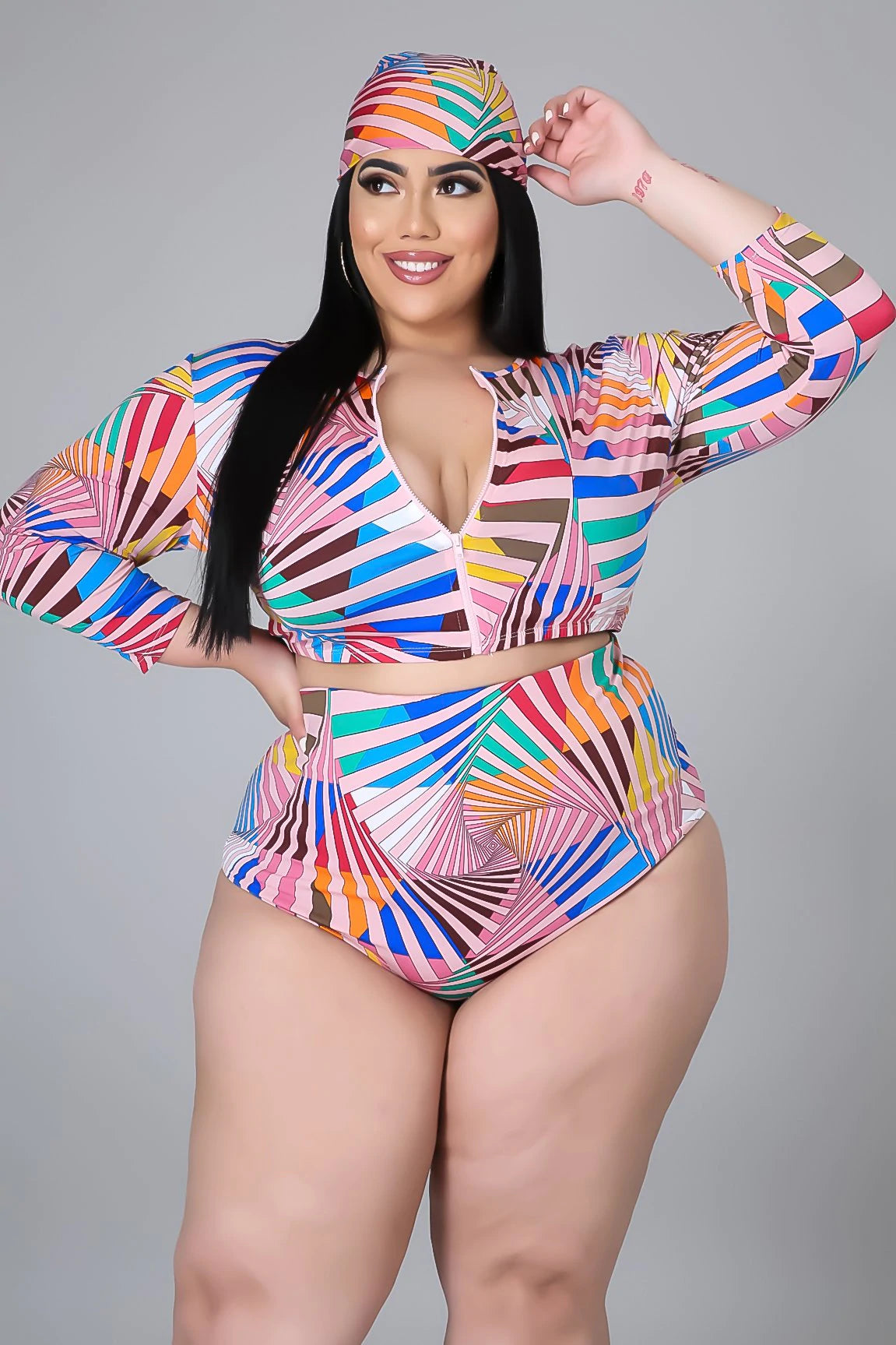 Introducing our Plus Size 3-Piece Set, designed to flatter and celebrate your curves. This set includes a zipper open long sleeve top, a triangle cut scarf, and V-cut bottoms, all crafted with your comfort and style in mind. Made with 95% polyester and 5% spandex, this set provides a comfortable and flexible fit. Hand wash for easy maintenance. Embrace your unique beauty and enhance your wardrobe with this fashionable and inclusive plus size set.