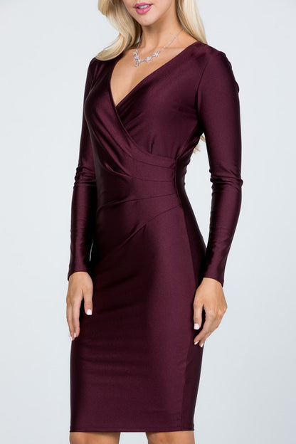 long sleeve shiny tricot overlap midi dress