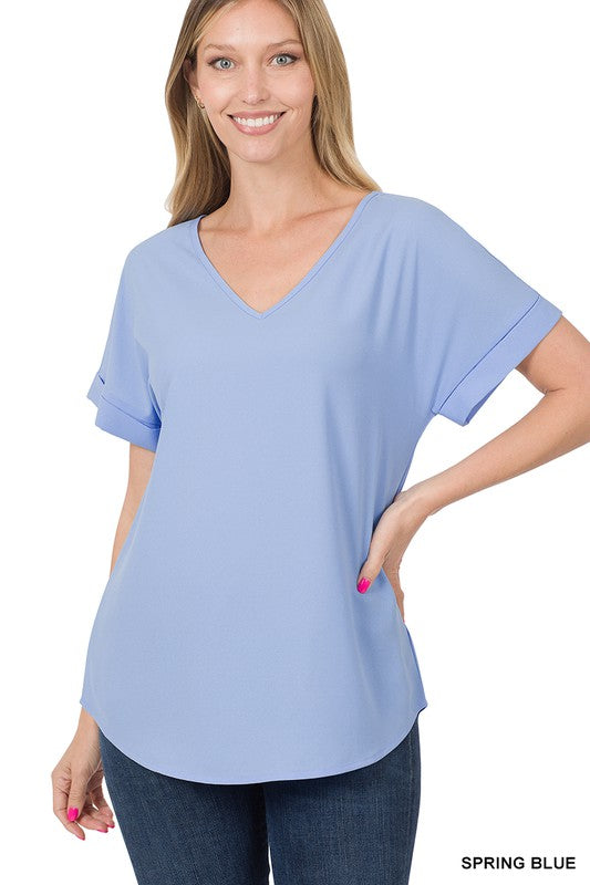 WOVEN HEAVY DOBBY ROLLED SLEEVE V-NECK TOP