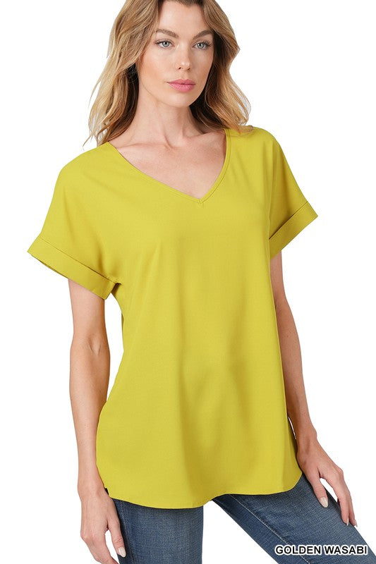 WOVEN HEAVY DOBBY ROLLED SLEEVE V-NECK TOP