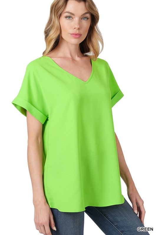 WOVEN HEAVY DOBBY ROLLED SLEEVE V-NECK TOP