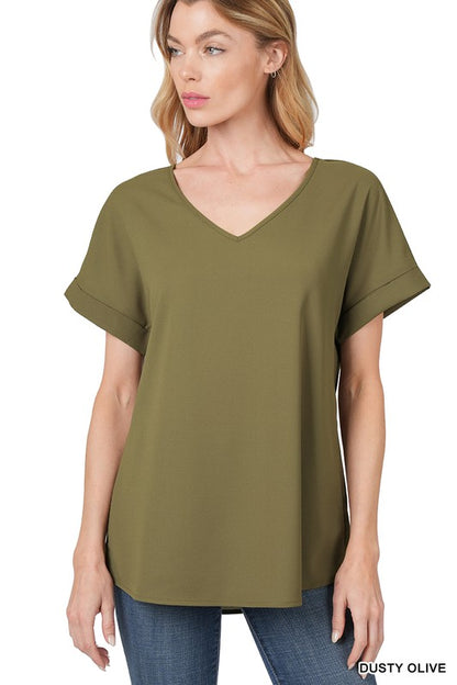 WOVEN HEAVY DOBBY ROLLED SLEEVE V-NECK TOP