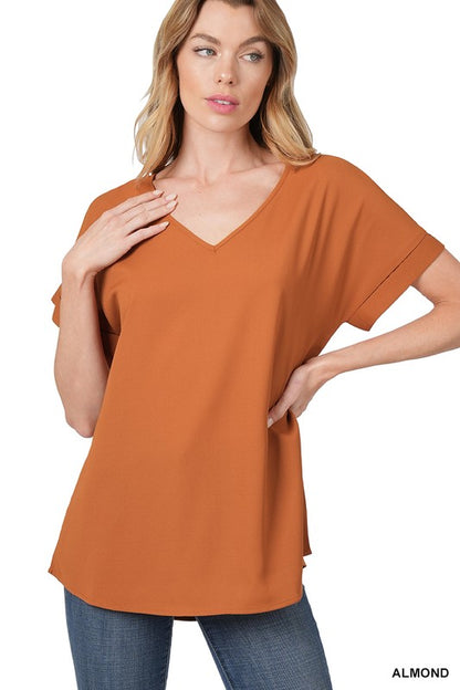 WOVEN HEAVY DOBBY ROLLED SLEEVE V-NECK TOP