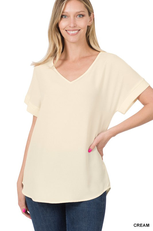 WOVEN HEAVY DOBBY ROLLED SLEEVE V-NECK TOP