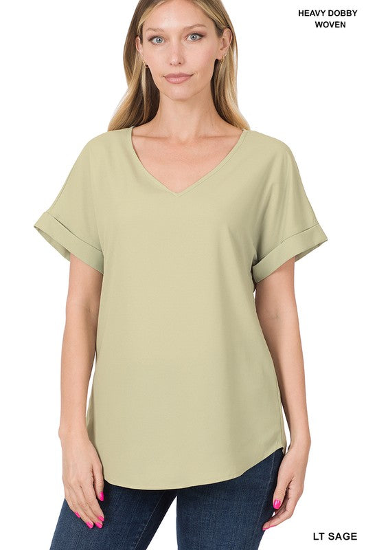 V- neck polyester women’s top shirt rolled sleeves very soft