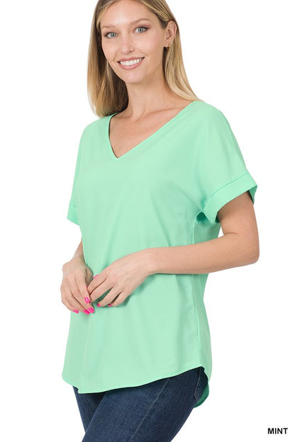 WOVEN HEAVY DOBBY ROLLED SLEEVE V-NECK TOP