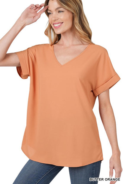 WOVEN HEAVY DOBBY ROLLED SLEEVE V-NECK TOP