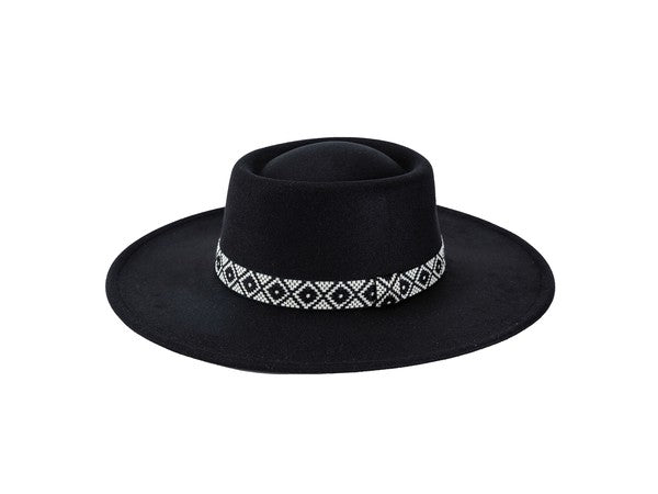 - Boho band - Suede - Flat top - Embroidered band - Trendy Fedora hat - Sun cover - Spring fashion fedora - Approximate measurements: height 3.5", brim 3.5" - Approximate circumference: 24", 47.5"  Style: casual  Material Composition: - 100% Polyester, black