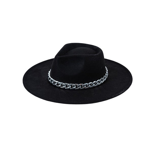 - Thick chain band - Suede felt - Wide brim fedora - Classic style - Bold gold chain - Classic suede felt fedora - Panama style fedora hat - Trendy fedora - Fall statement hat - Silver chain - Approximate measurements: height 4" brim: 3 1/2" circumference: 46 1/2"