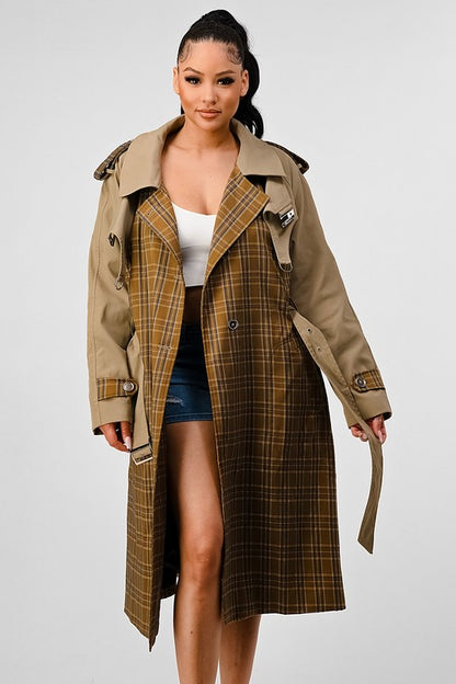 ATHINA PLAID AND KHAKI CONTRAST TRENCH COAT