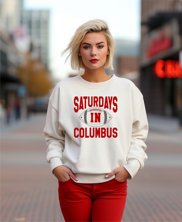 Saturdays in Columbus Football Cozy Crewneck Sweatshirt white red burgundy 