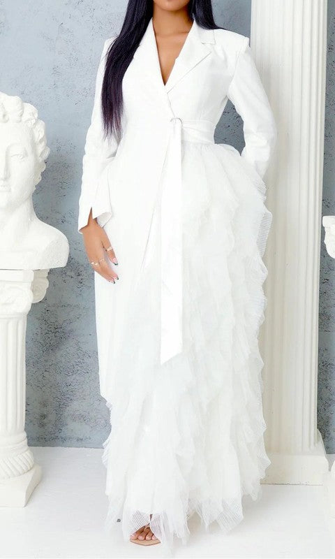 white dress with tulle perfect for a ball, gala, party, holiday events semi formal, tuxedo style long sleeves