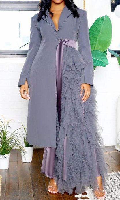 gray dress with tulle perfect for a ball, gala, party, holiday events semi formal, tuxedo style long sleeves