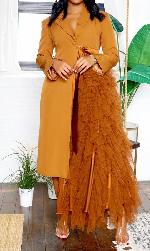 rust colored dress with tulle perfect for a ball, gala, party, holiday events semi formal, tuxedo style long sleeves, burnt orange