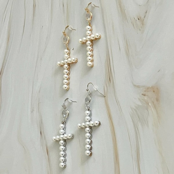 Pearl Cross Dangle Earrings