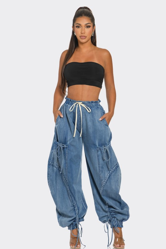 Urban Chic Drawstring Denim Cargo Pants