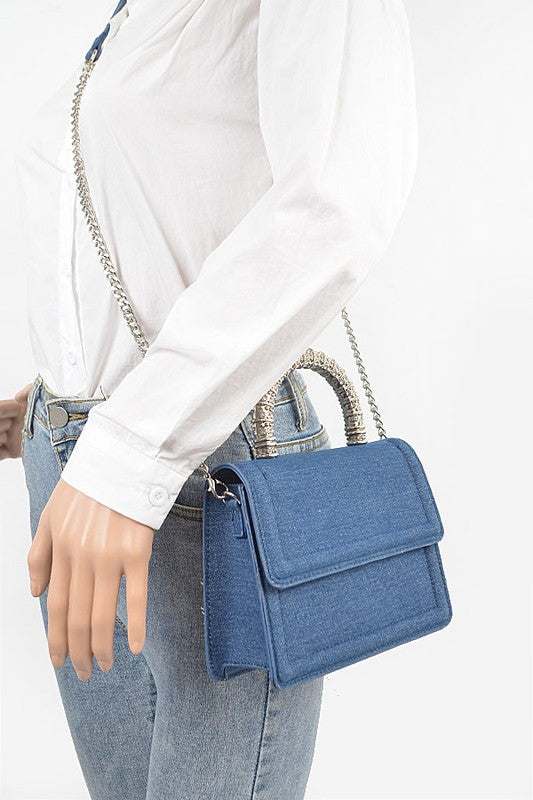 Silver Top Handle Denim Swing Bag