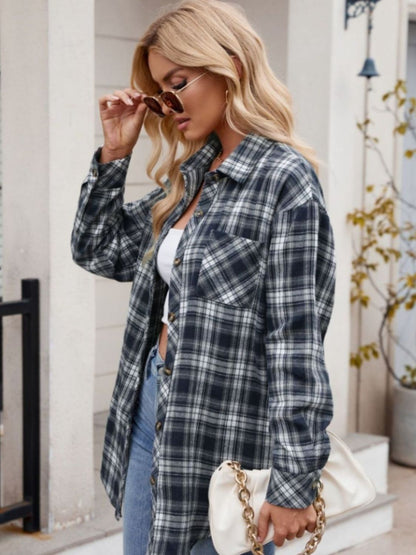 Mandy Pocketed Plaid Collared Neck Long Sleeve Shirt