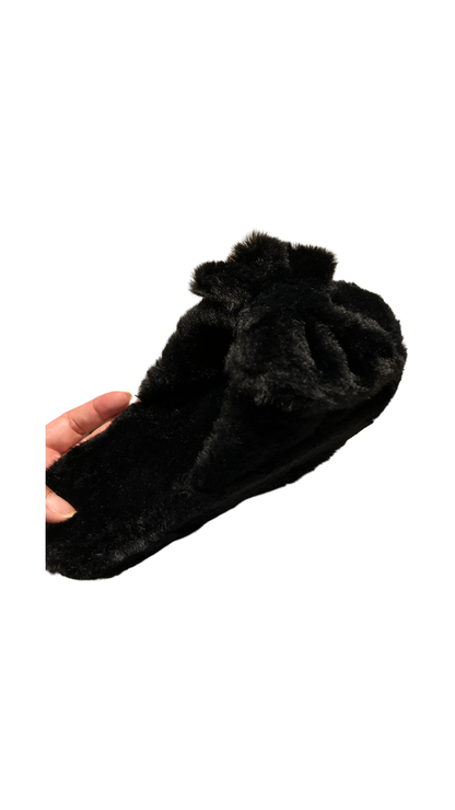 Black fluffy bow slippers- FREE SHIPPING