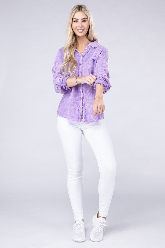 The Washed Double Gauze Button Down Shirt epitomizes laid-back refinement. Its double gauze fabric not only ensures a soft and lightweight feel but also brings a textured, relaxed vibe. With its button-down design, this shirt strikes the perfect balance between casual comfort and understated sophistication, making it an ideal choice for both casual weekends and smart-casual occasions. lavender purple