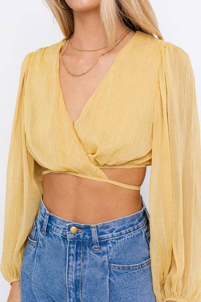 BALLOON LONG SLEEVE CRISS CROSS CROP TOP