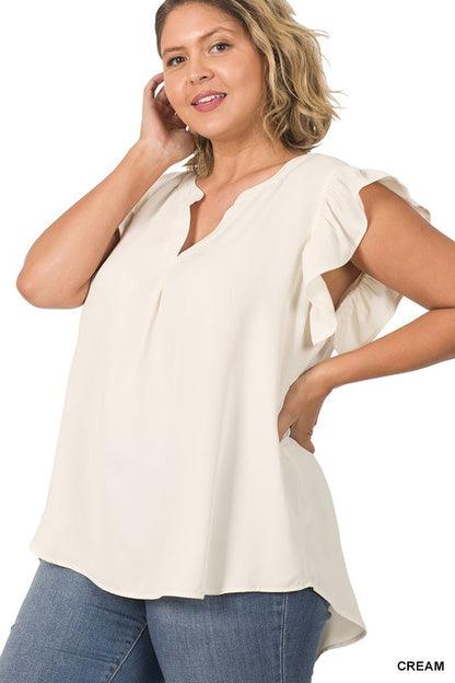 ruffles, high low, cream, blouse, top, summer, trip, vacation, hot weather,  casual, work outfit, work attire, mom life