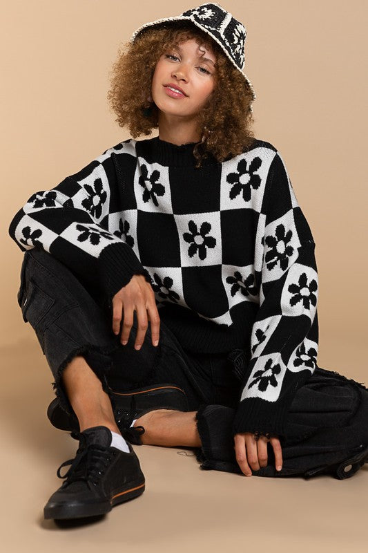 Flower checker sweater