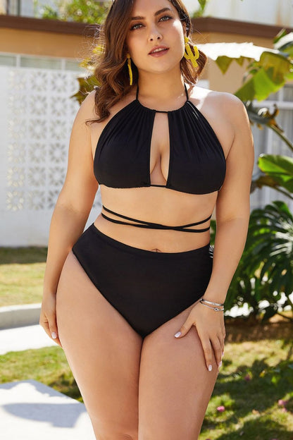 Plus Size Cutout Tied Backless Bikini Set black