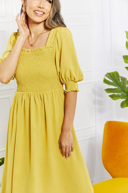 casual spring vacation, church, Love You Forever Square Neck Midi Dress mustard midi smocked easter