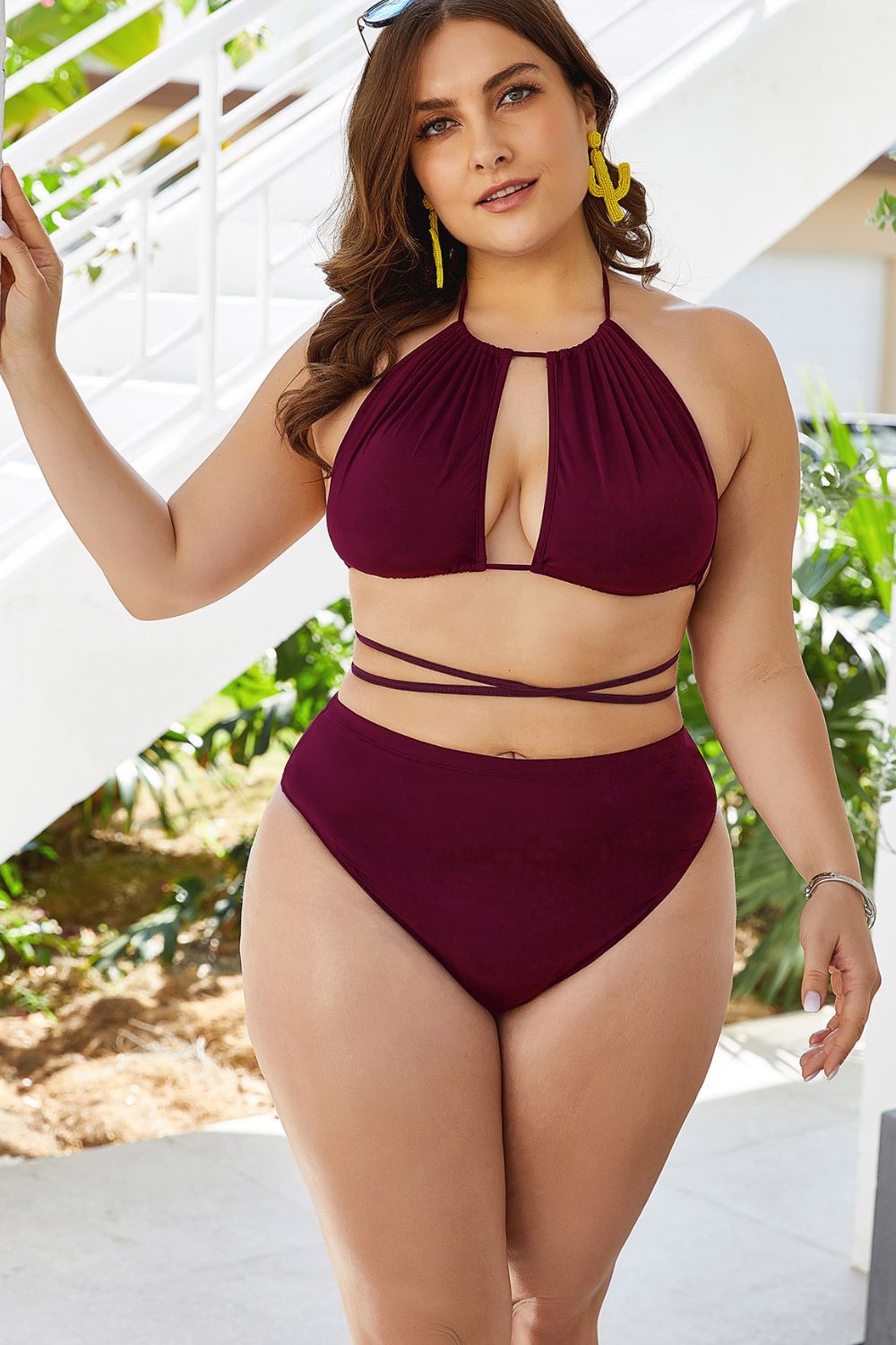 Plus Size Cutout Tied Backless Bikini Set wine