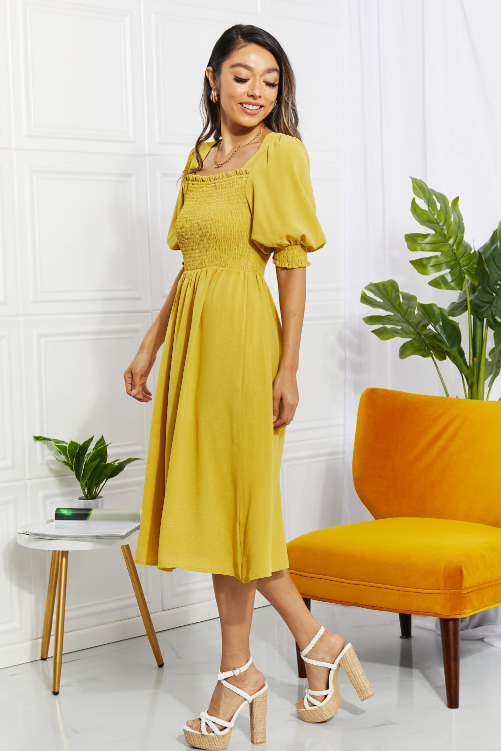 spring vacation, church,  Love You Forever Square Neck Midi Dress mustard midi smocked easter