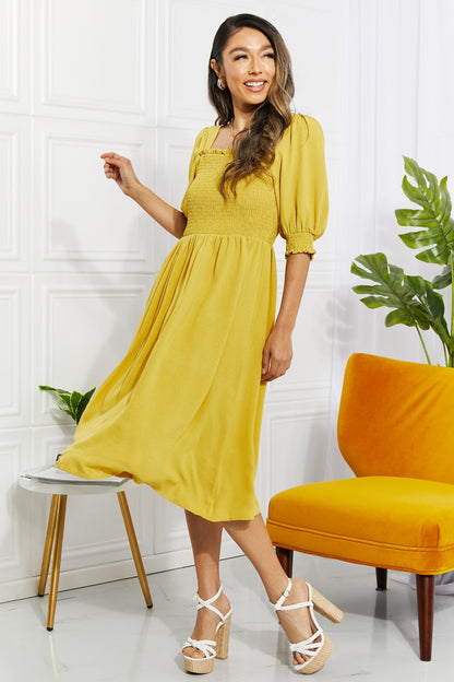 spring vacation, church, Love You Forever Square Neck Midi Dress mustard midi smocked easter casual