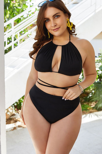 Plus Size Cutout Tied Backless Bikini Set black