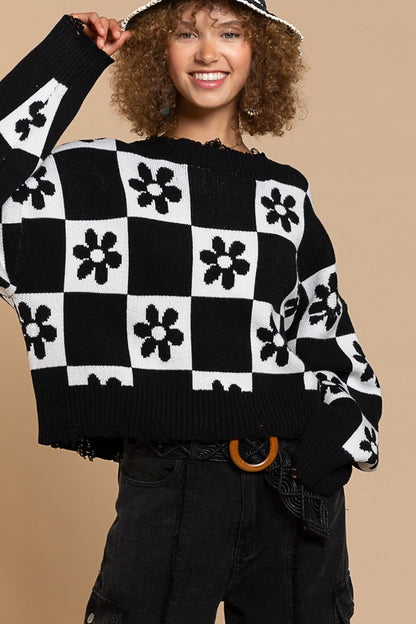 Flower checker sweater