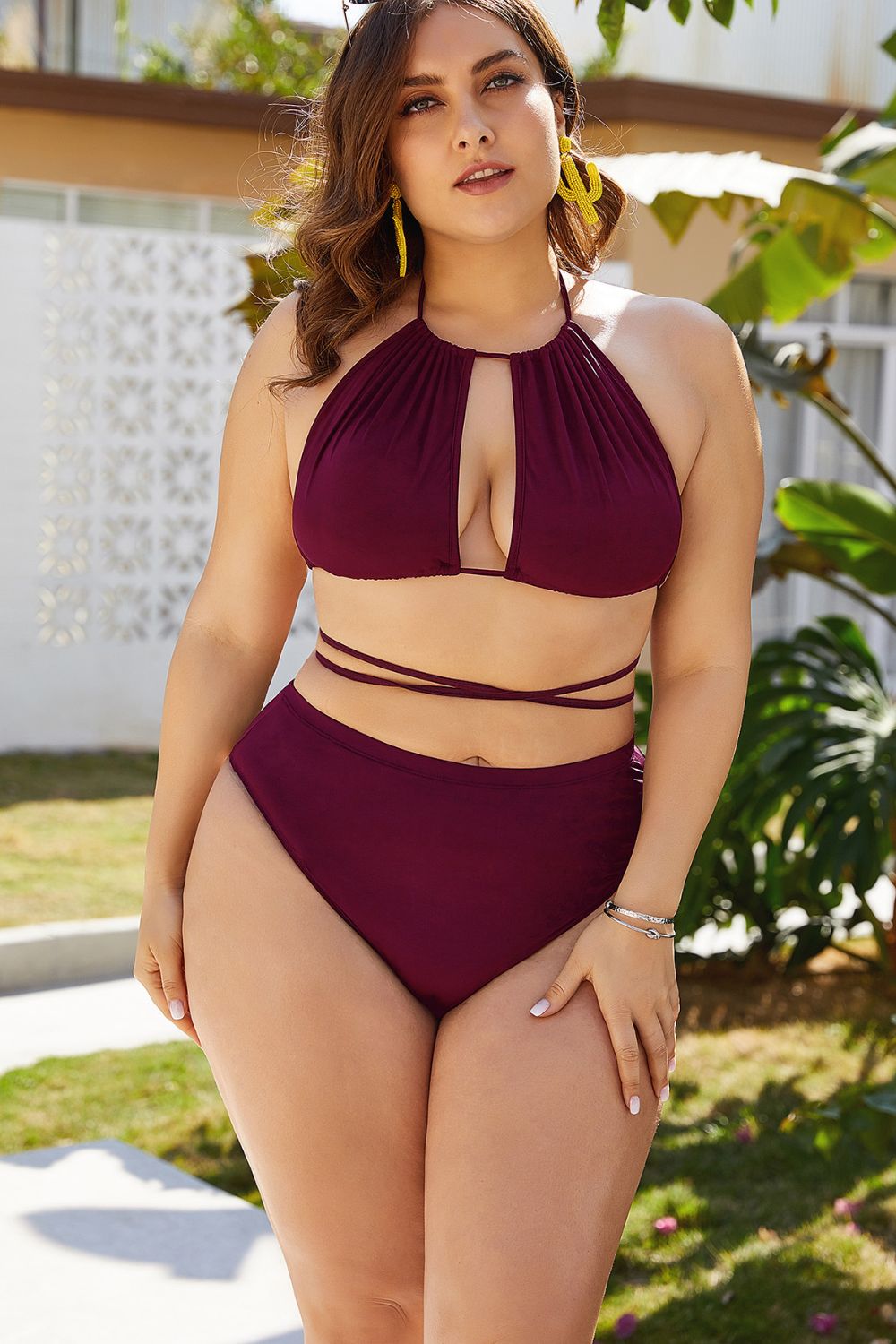 Plus Size Cutout Tied Backless Bikini Set burgundy