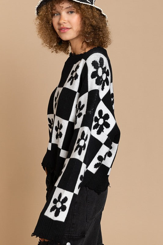 Flower checker sweater