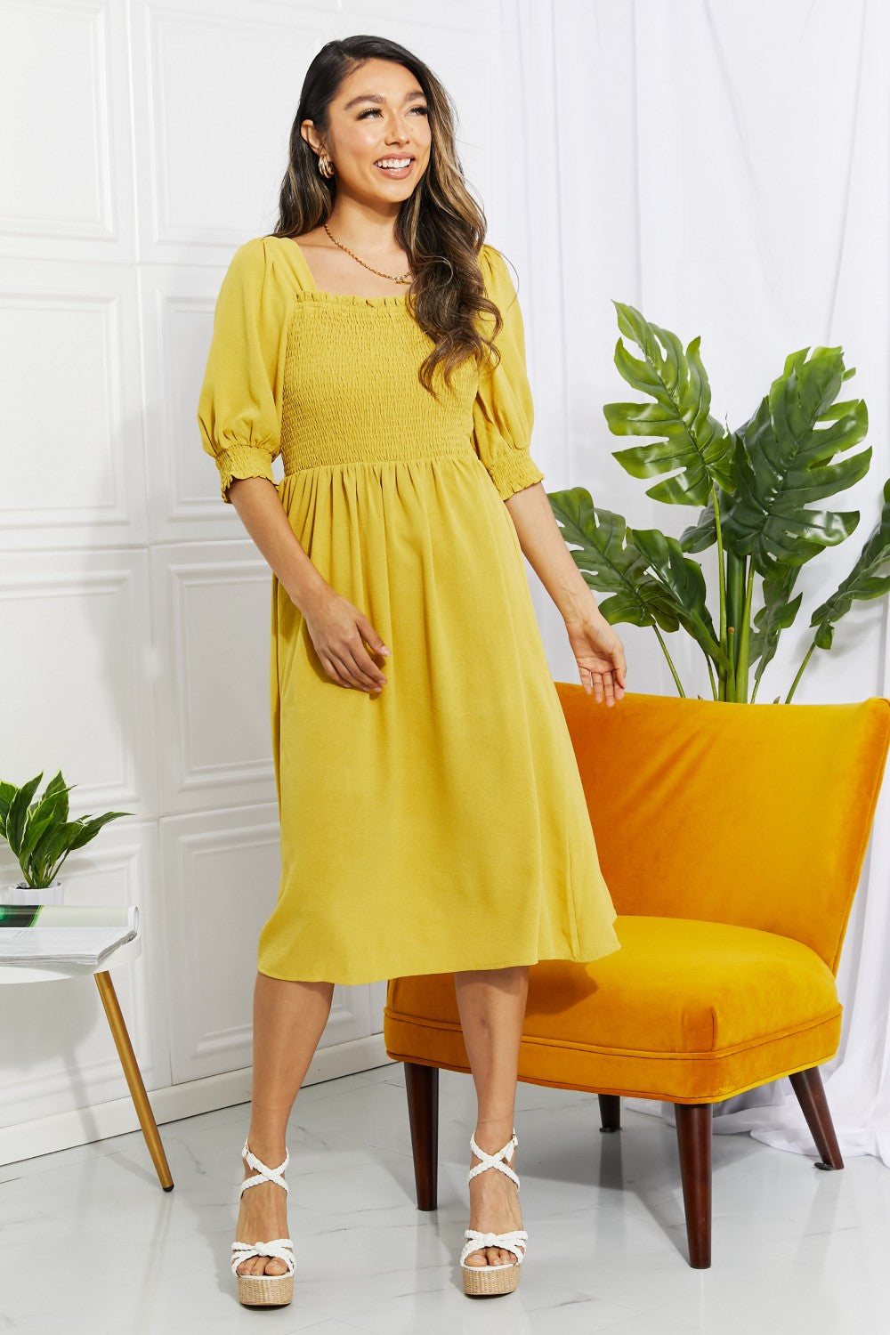 spring vacation, church, Love You Forever Square Neck Midi Dress mustard midi smocked easter