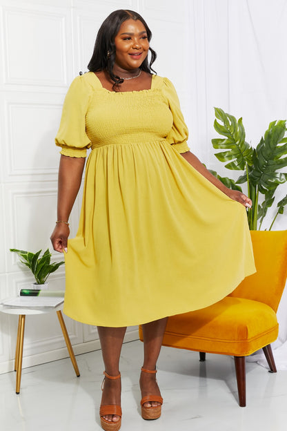 spring vacation, church, Love You Forever Square Neck Midi Dress mustard midi smocked easter plus size yellow