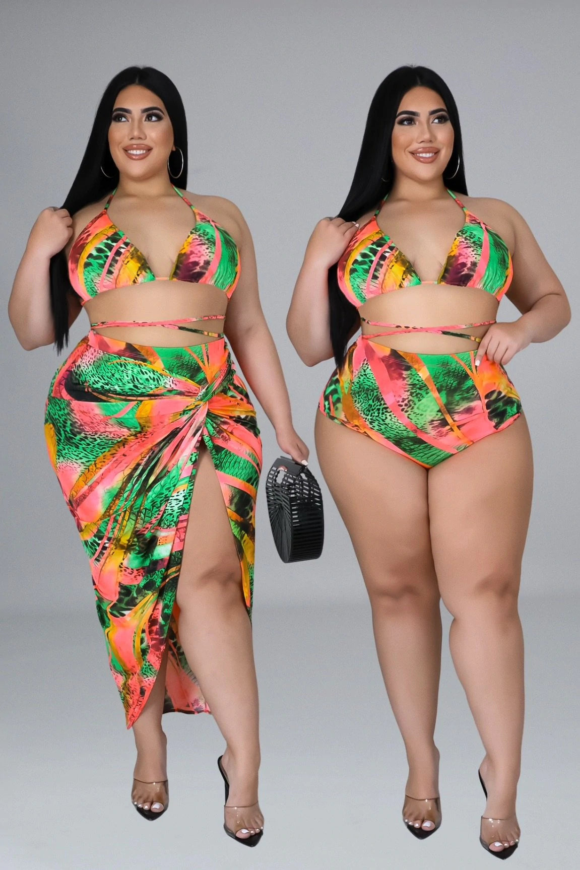 2 piece swimsuit plus size  high waisted bottoms with tie up bra top  pre-tied skirt - (skirt doesn’t untie)