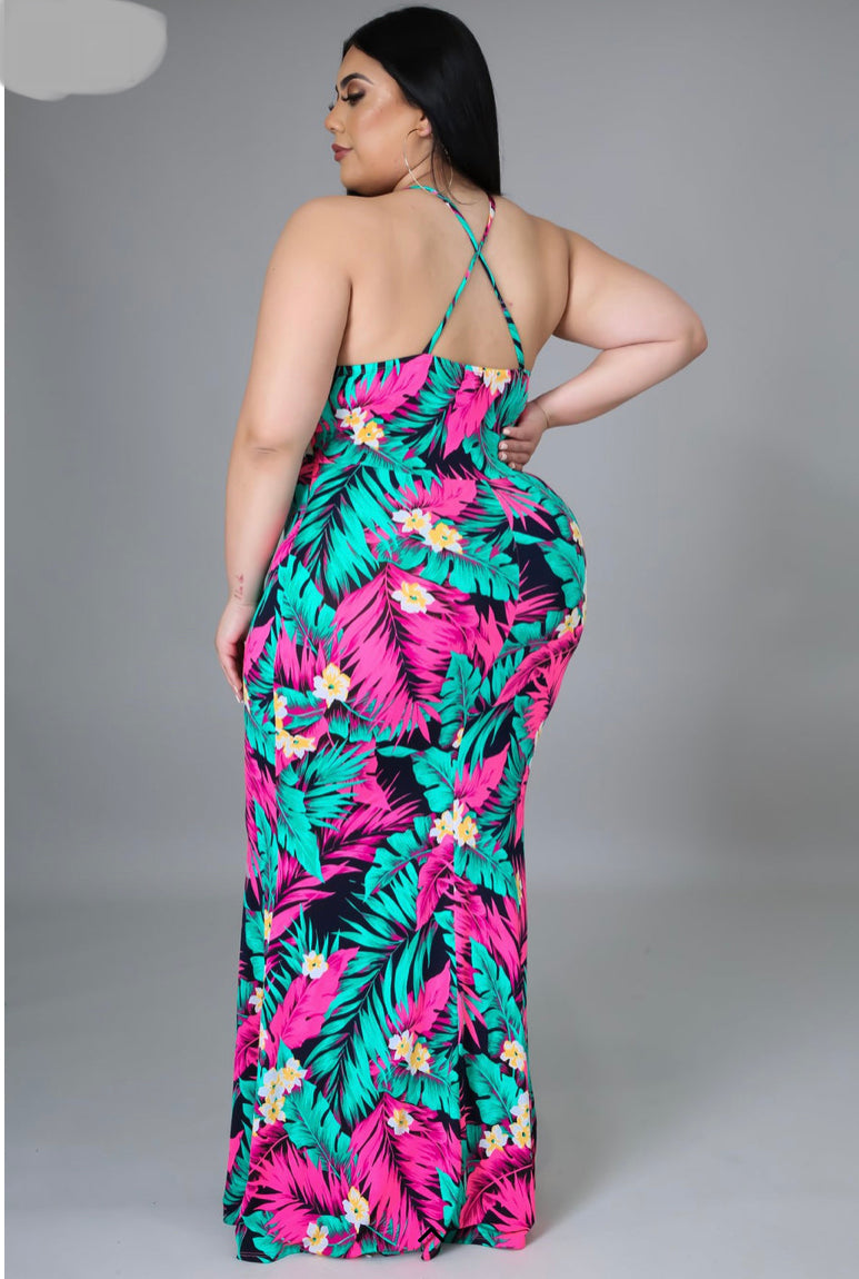 Take me away for a vacay in this tropical Happy Size maxi dress. A thin tank or camisole can be added for more modesty. plus size summer dress. vacation dress labor day beach dress. 