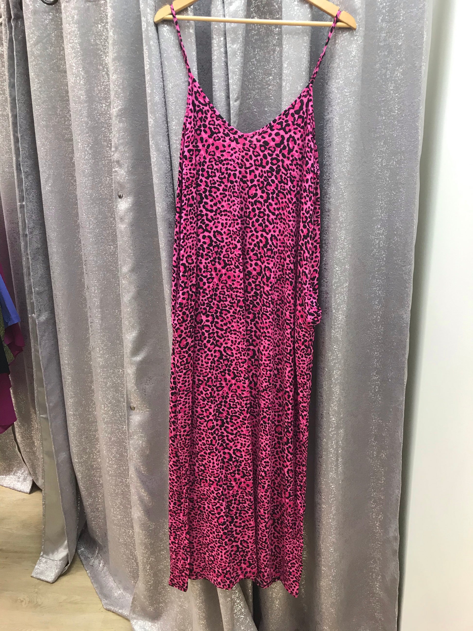 pink zenana cheetah print maxi long dress with pockets sleeveless adjustable straps mother's day gift church 