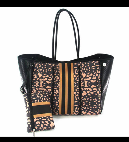 neoprene, handbag, tote set, black, gold