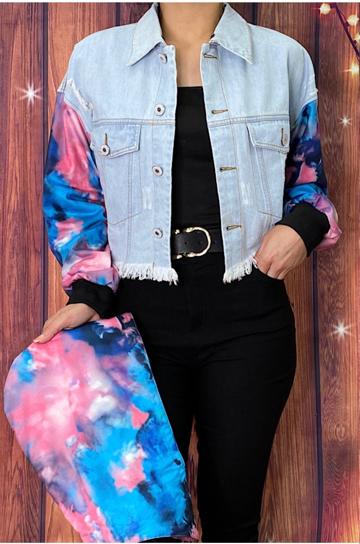 Plus size denim jacket distressed ripped tie dye outerwear coat chic stylish 