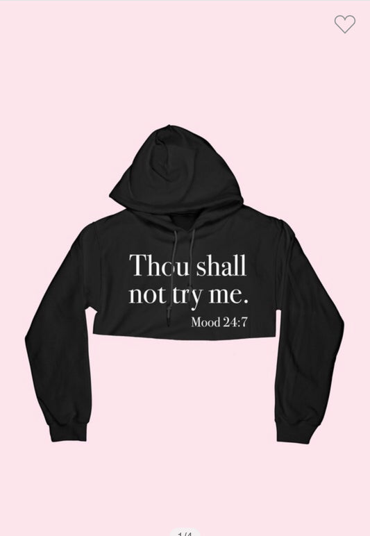 thou shall not try me hoodie navy blue crop top soft drawstring workout gym comfortable comfy loungewear college mom